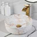 White Marbling Bathroom Vessel Sink with Waterfall Faucet and Pop-Up Drain Combo,14 Inch Ceramic Vessel Sink Above Counter Round Bathroom Sink Bowl,Small Sink for Bathroom
