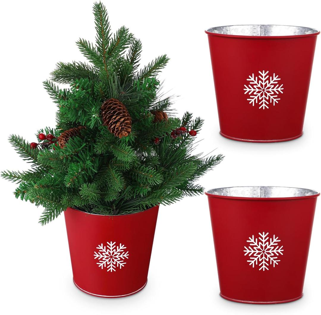 2 Pcs Christmas Galvanized Planter Buckets Snowflake Red Metal Buckets Pot, 6" Height 6" Diameter, Winter Tin Bucket for Party Xmas Centerpiece Home Table Garden Outside Decoration