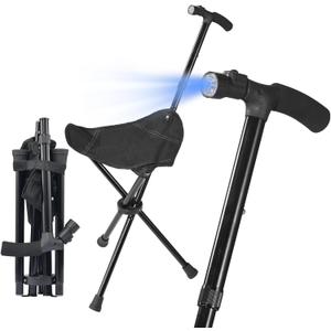 Foldable Cane with Seat&Light - Adjustable Lightweight Walking Stick for Seniors & Elderly, Portable Mobility Aid with Padded Seat and Non-Slip Base for Outdoor Walking, Hiking, and Travel Assistance (black)