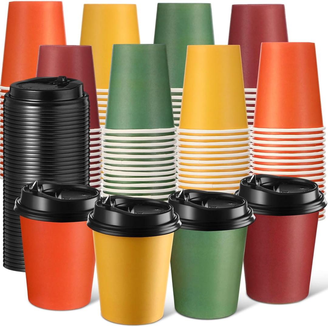 100 Pack 8 oz Fall Disposable Coffee Cups with Lids Bulk Autumn Paper Orange Color Thanksgiving Party Insulated Cups for Hot Cold Drinks Travel Party Supplies
