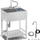 24 Inch Stainless Steel Utility Sink, Freestanding Commercial Sink with Pull-out Faucet,Heavy Duty Single Bowl Laundry Sinks for Garage,Kitchen,Outdoor, 24.21"L x 18.66"W x 35.04"H,White