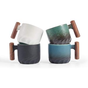 Ceramic Espresso Cups with Wooden Handle Espresso Shot Cups Ceramic Tea Cups Porcelain Demitasse Cups for Coffee or Tea, 3oz (Mixed, 4)