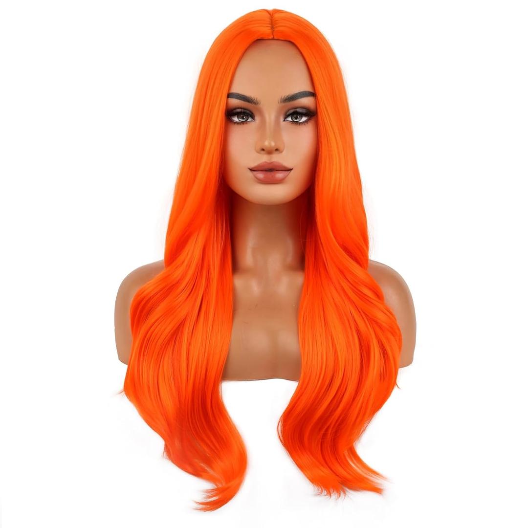 BERON Orange Long Wig for Women Girls Curly Wavy Hair Wigs 24" Halloween Cosplay Party Heat Resistant Synthetic Fiber Wigs