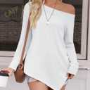 Tankaneo Womens Off The Shoulder Tops Casual Long Sleeve T Shirts Irregular Hem Split Tunics Loose Fall Blouse Shirt (White, L)