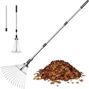 Garden Rake for Leaves, Metal Adjustable Leaf Rake for Lawns, Length 37"-53", Adjustable Expandable Head 8"-15", Garden Tools for Lawn Garden Yard Flowers Beds Bush