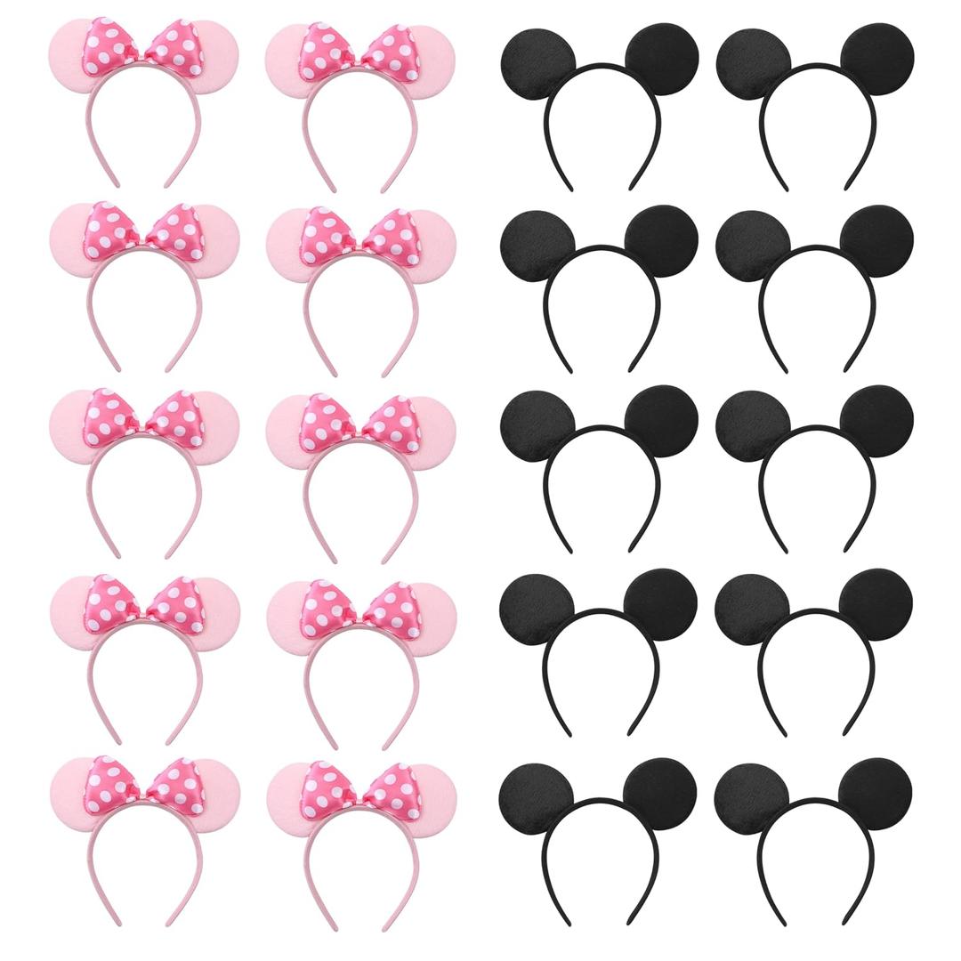 NEWTGAN 20 PCS Mouse Ears Headbands for Birthday Party Theme Park Costume Play Celebration for Boys and Girls (black,pink) 