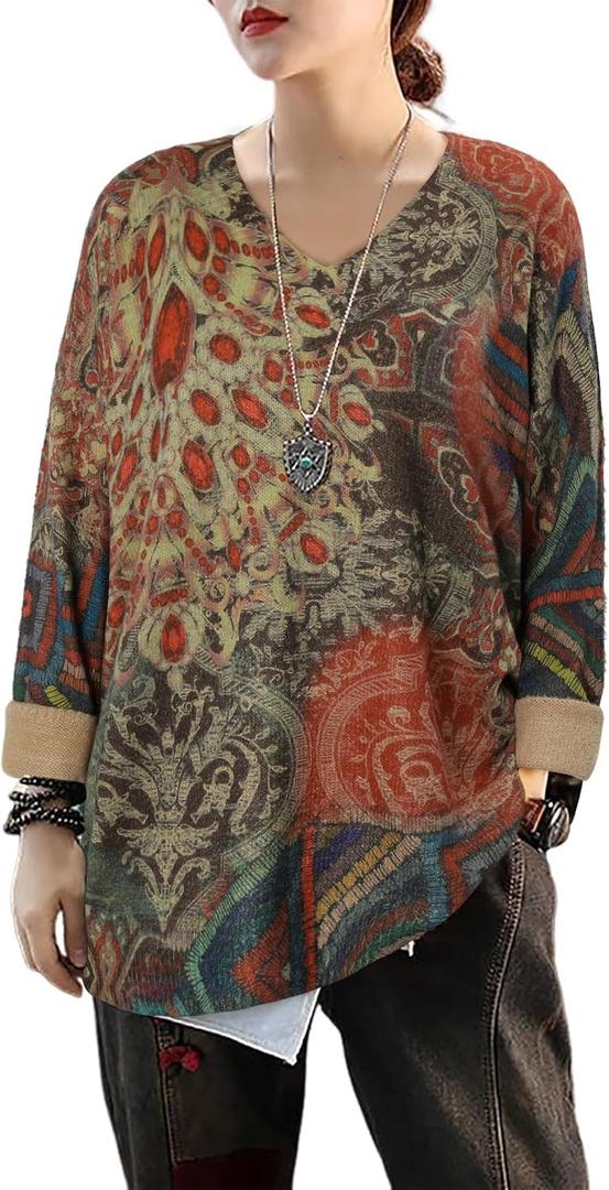 CRAZY GRID Women Knitt Pullover Sweaters Winter Patterned Oversized Long Sleeve Graphic Print Jumper Tops (Large, B Ruby)