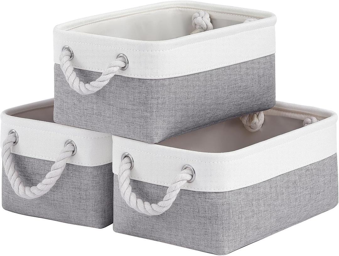 Storage Baskets for Shelves 11.8x7.9x5.2 Inch, Foldable Fabric Storage Bins with Handles, Small Storage Baskets for Organizing Closet, Office, Home Organization (3-Pack, White&Gray)