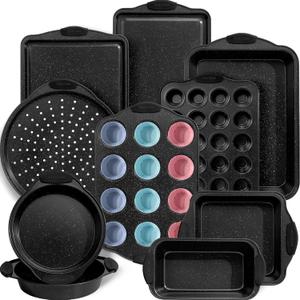 Kikcoin 22 PCS Nonstick Baking Pans Set, Stackable Bakeware Sets with Silicone Handles, 450F Oven Safe Baking Sheet set, Easy Release Cookie Sheets for Baking, Black