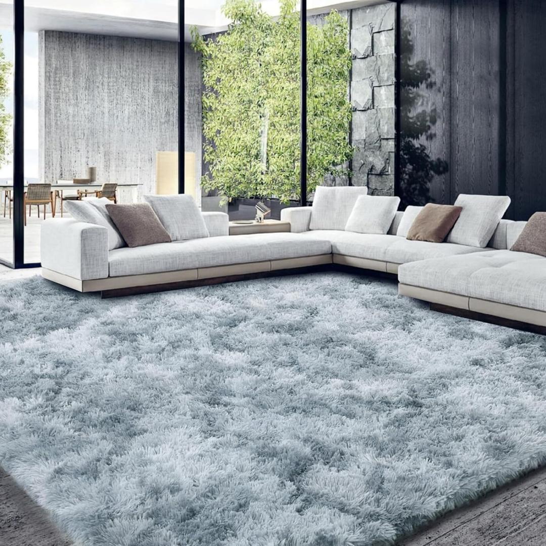 HOMBYS Shaggy Area Rug 10x14 Feet, Ultra Fuzzy Large Plush Faux Fur Carpet for Living Room Bedroom, Non-Skid Fuzzy Rug for Kids Playroom Home Decor, (Light Grey Tie Dye)
