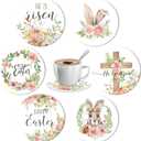Whaline Easter Ceramic Coasters 6Pcs Watercolor Flower Easter Bunny Rabbit Drink Coaster Spring Floral Cup Mat for Mugs Cups Home Kitchen Christian Party Supplies, 4.1 x 4.1 x 0.3 Inch