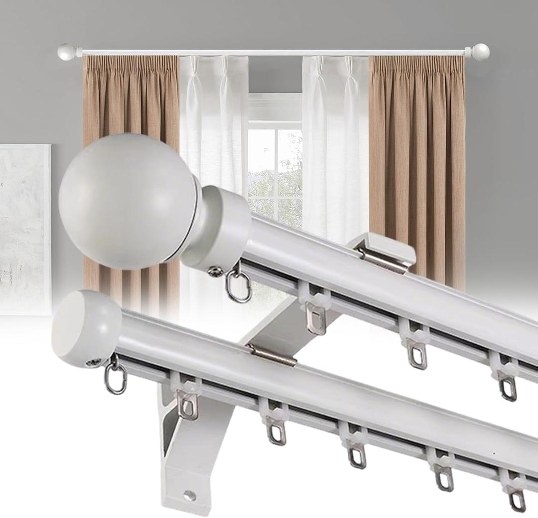 Double Curtain Rods for Windows, Heavy Duty Dual Rod Wall Mount Track Slilent Aluminum Alloy Brackets with Decorative Round Finials Rail for Bedroom/Living Room/Window/Hotel (White,1.2m(3.9ft))