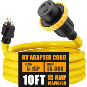 Kanayu 10ft 30 Amp to 15 Amp 110 Volt RV Adapter Cord Compatible with NEMA 5-15P to L5-30R, 3 Prong Locking Power Adapter 15A Household Male to 30A RV Female for Trailer Camper