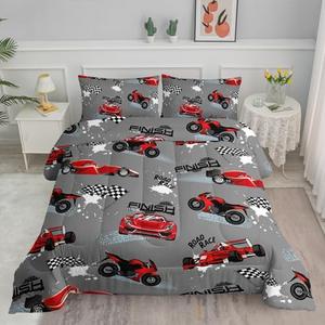 Axolotl Kid Comforter Set Twin Size,Racing Car Bedding Set for Boys Girls Teen Kids Children Racing Gifts,Race Cars Quilt Bed Set with 1 Comforter 2 Pillowcases,Red Grey