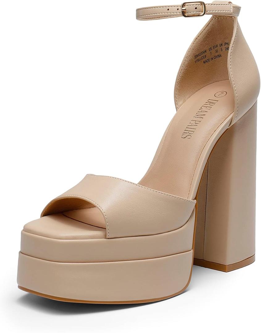 DREAM PAIRS High Heels Chunky Block Platform Heels for Women Ankle Strap Sexy Open Square Toe Heels Dressy Pumps Sandals (7, Nude)