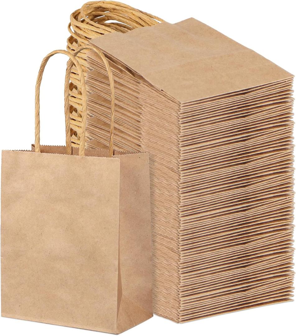 PINWATT 120Pcs Mini Gift Bags Bulk Kraft Paper Bag - 4.7"x2.4"x6.5" Small Brown Gift Bags for Party Favors, Shopping, Wedding, Retails, Birthday, Baby Showers