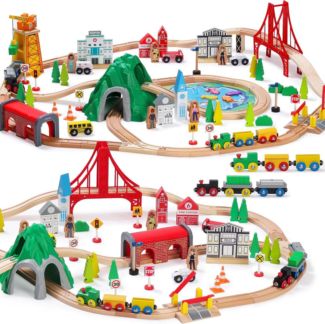 SainSmart Jr. 112-Piece Wooden Train Set for Toddler  Double-Sided Train Tracks, Compatible with Brio, Thomas, Melissa & Doug  Perfect Wood Toy for Boys and Girls
