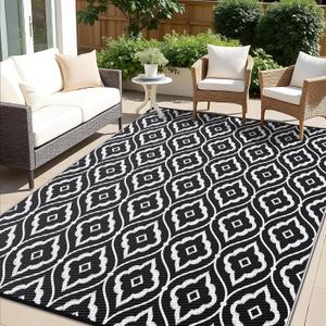 OLANLY Outdoor Rug 5x8 ft Waterproof, Outdoor Plastic Straw Rug with Geometric Pattern Clearance, Reversible RV Mat for Patio, Camping, Balcony, Deck, Backyard, Black & White