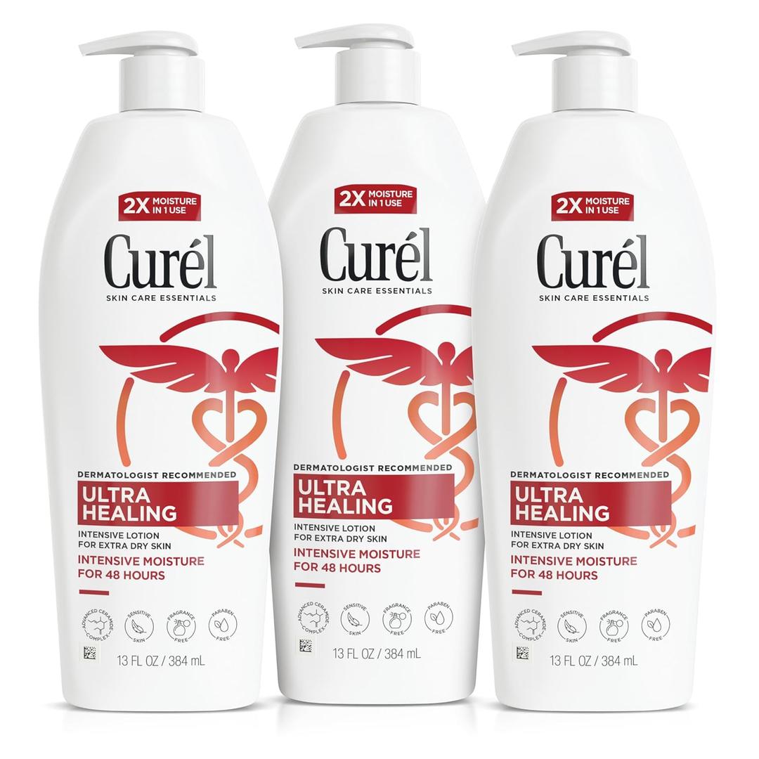 Curel Ultra Healing Intensive Fragrance-Free Lotion For Extra-Dry Skin, Dermatologist Recommended, Ideal for Sensitive Skin, Cruelty Free, Paraben Free, 13 Oz, Pack of 3