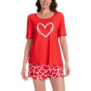 Women Cute Pajamas Short Sleeve Tops and Shorts Pajamas Set Sleepwear (Large, Red)