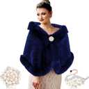 Jadive Faux Fur Shawl Wraps for Women with 2 Rhinestone Brooches Wedding Bridal Faux Fur Cape Stoles Coat Jacket (Blue)