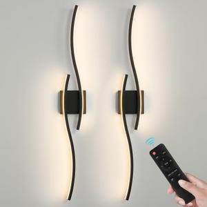Black Battery Operated Wall Sconces: 39.3 Inch Rechargeable Sconce Set of Two with Remote Control/3 Colors/10-100% Dimming/Timer, Modern Wall Lighting for Bedroom Living Room Hallway Bathroom, 2 Pcs