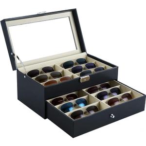 12 Slot Sunglasses Organizer, Lockable Leather Multi Eyeglasses Organizer with Drawers, Eyeglass Frames with Clear Glass Covers for Watch Jewelry Collection, Black