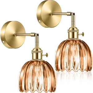 2 Pcs Vintage Wall Sconce with Tulip Glass Shade 180 Degree Adjustable Hanging Brass Sconces Hardwired Modern Lamp Fixtures Decor for Bedside Indoor Doorway Including Light Bulb (Amber)
