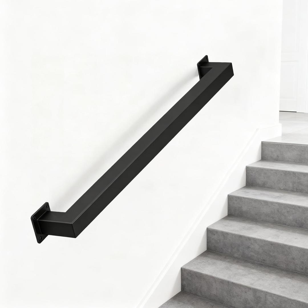 Shineforu 15FT Stair Railing Indoors, Metal Hand Rails for for Stairs Hallway Corridor, Wall-Mounted 500lb Capacity, 5 Sections, Black
