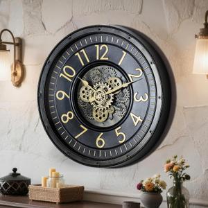 AYRELY 24IN Decorative Moving Gear Large Wall Clock, Oversized Industrial Steampunk Gears, Big Numerals Wall Clock for Modern Living Room Decor (Black)