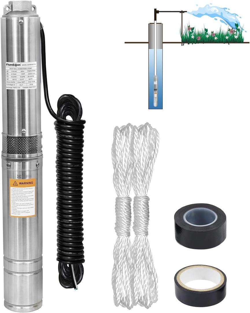 1HP Deep Well Submersible Pump 115V/60Hz, 34GPM, 196ft Head, with 33ft Cable, Stainless Steel Water Well Pump for 4'' Deep Well, Industrial, Irrigation and Home Use Submersible Well Pumps