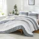 Litanika Comforter Full Size Bed Set Light Grey - 3 Pieces Lightweight Gray White Colorblock Stripe Fluffy Bedding Comforter Sets, All Season Bed Set