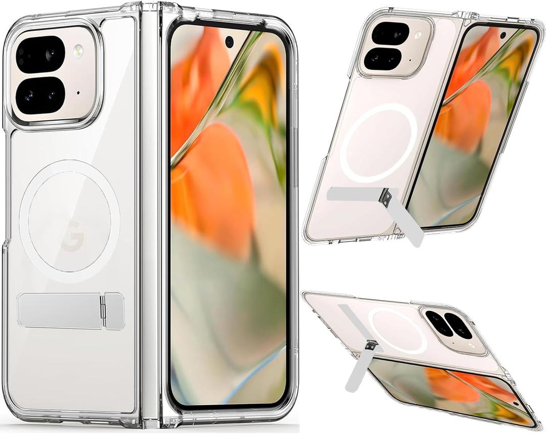 Hiooloon Magnetic for Pixel 10 Pro Fold Case Clear, Compatible with Pixelsnap & MagSafe, Built-in 2-Way Kickstand [Horizontal & Vertical Stand] Magnetic Slim Fit Anti-Slip Rugged Bumper Cover (Clear)