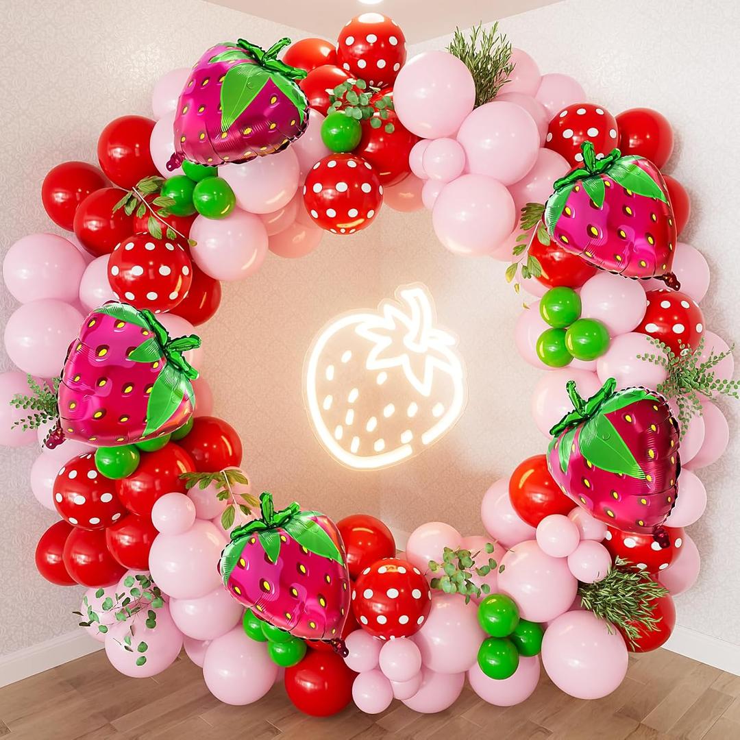 Strawberry Balloon Arch Garland Kit,130Pcs Pink Red Balloons with Large Strawberry Foil Balloon, Red Polka Dot, Green Balloon for Girl Berry First/Sweet One Birthday Party Decoration