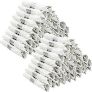 BESTVIP 100 Pack Pre Rolled Silver Plastic Silverware Set, Disposable Wrapped Cutlery Set with 100 Napkins, 100 Knives, 100 Forks and 100 Spoons for Party, Birthday