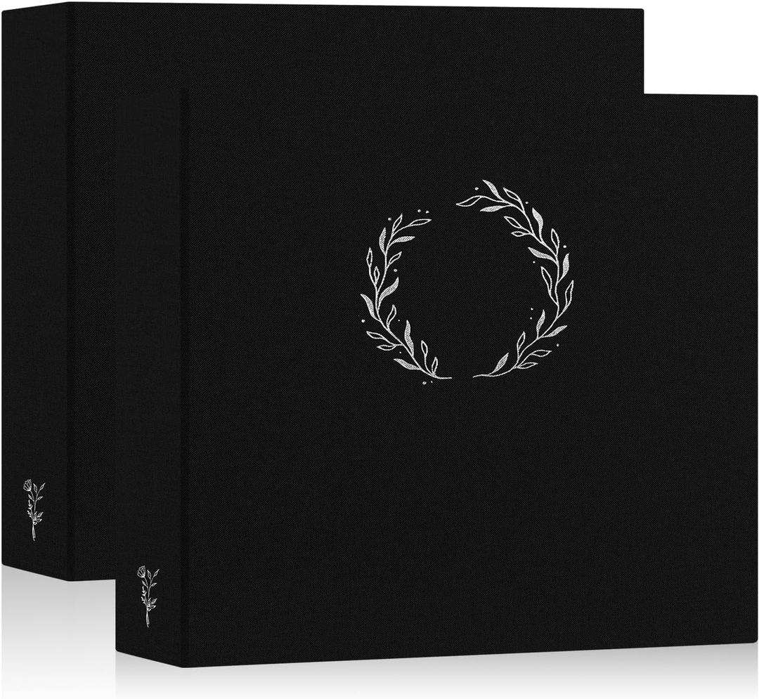 Lanpn 2 Packs Photo Album Scrapbook 12x12, Linen Cover Wreath Design Top Load 3 Ring Folder Binder Photobook Photo Book 12 x 12 inch with 30 Plastic Sleeves 60 Pages Black (12x12"/2PK)