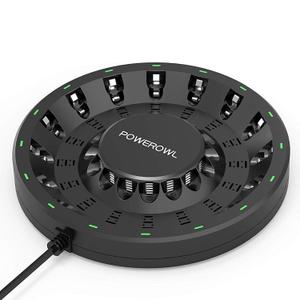 POWEROWL 16 Bay AA AAA Battery Charger (Updated, High Speed Charging) with Smart LED Light and Plug, for NIMH NICD Rechargeable Batteries and More