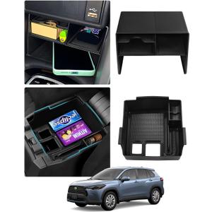 Karltys 2PCS Center Console Organizer Tray for 2022-2025 Toyota Corolla Cross L/Hybrid S Without Qi Wireless Charger, Corolla Cross Accessories Middle Console Tray Armrest Storage Box Non-Slip Mat