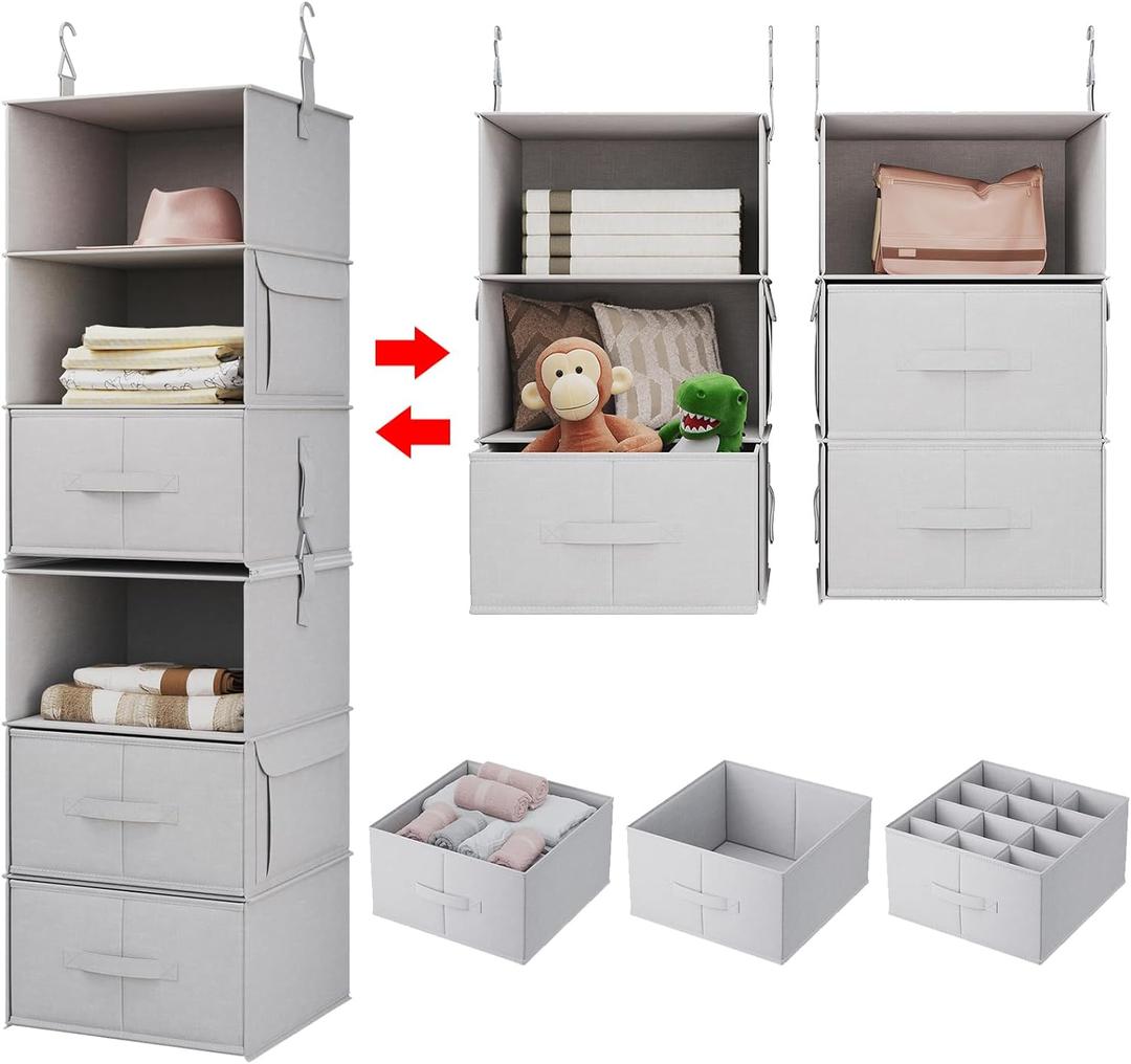 Vailando 6-Shelf Hanging Closet Organizer, 2 Separable 3-Shelf Hanging Shelves with 3 Drawers for Wardrobe, Nursery, Baby Clothes Organization and Storage (Silver Gray)