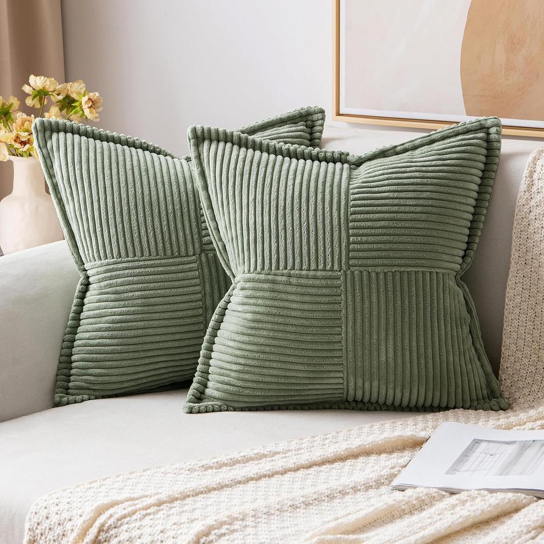 MIULEE Decorative Throw Pillow Covers for Couch Bed Livingroom 20x20 Inch Set of 2 Light Olive Green Boho Accent Throw Pllows Broadside Striped Patchwork Soft Corduroy Summer Pillowcases
