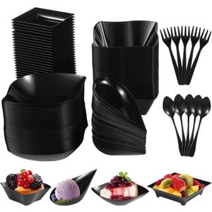 200 Pcs Mini Appetizer Plates, Disposable Dessert Plates with 50 Spoons & 50 Forks, Plastic Serving Bowls, Black Snacks Appetizer Trays for Party, 4 Shapes