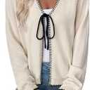 EVALESS Womens Cardigan Sweaters Trendy V Neck Long Sleeve Open Front Bow Tie Knit Chunky Lightweight Fall Outerwear M