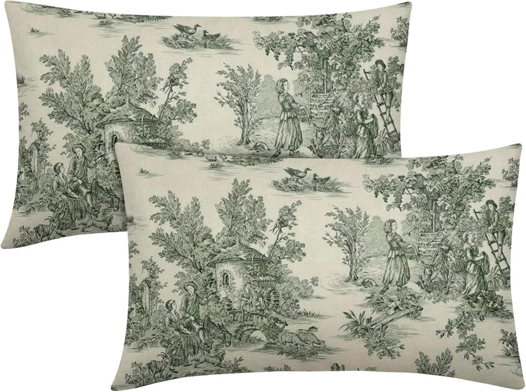 French Country Pillow Covers Set of 2 12x20 Inch Vintage Toile Green Cotton Linen Decorative Throw Pillow Case Cushion Cover for Bedroom Sofa Living Room Couch Chair Office