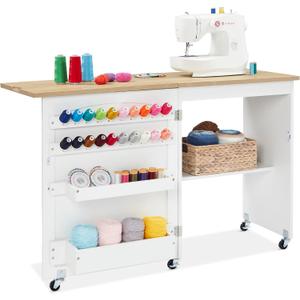 Best Choice Products Folding Sewing Table Multipurpose Craft Station & Side Desk with Compact Design, Wheels, Shelves, Storage Trays, Pegs, Magnetic Doors, Metal Doorknobs - Natural/White