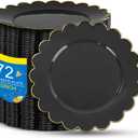 SUT 72 PCS Black Plates,Black Plastic Plates with Gold Rim, Black Party Plates, Plastic Plates for Party, 7.5 inch Plastic Dessert Plates, Black Disposable Plates for Party,New Year,Halloween
