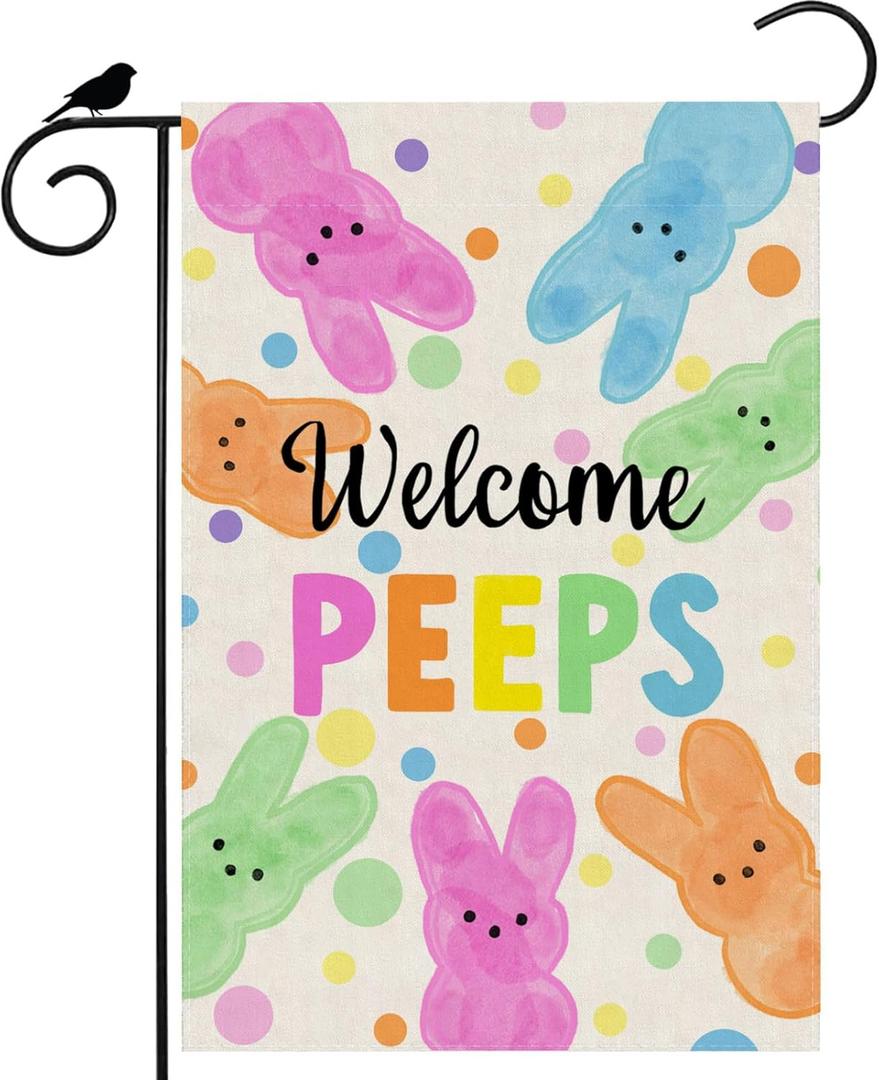 Welcome Easter Colorful Dots Cute Bunny Watercolor Rabbits Spring Garden Flag Yard Flag 12x18 Inch Double Sided Small Mini Yard Outdoor Outside Holiday Decoration