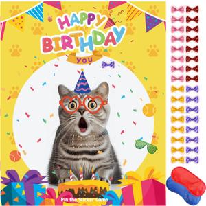 pin the sticker game Cat Birthday Party Games for Kids, Pin The Bow On The Cat, Cat Themed Pet Party Decorations Favors Supplies - 32 Stickers