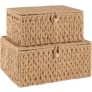OIAHOMY Wicker Storage Basket with Lid & Lock, Lidded Storage Bins, Decorative Baskets for Organizing, Set of 2-Natural