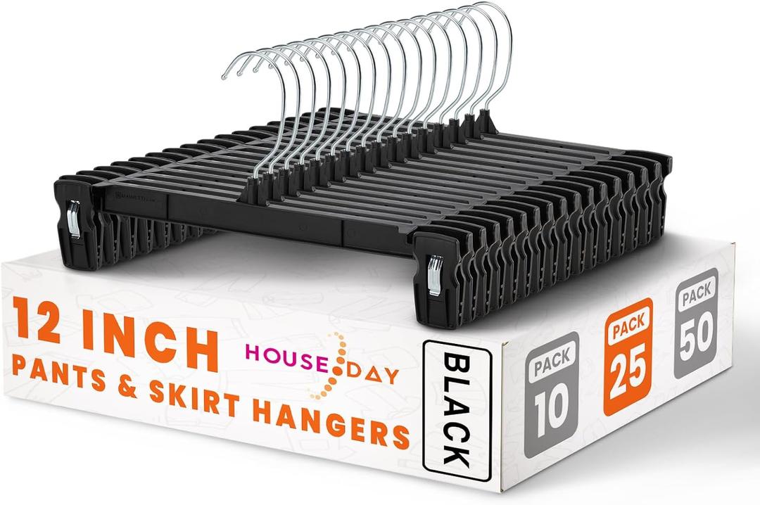 HOUSE DAY Black Pants Hangers, 25 Pack Skirt Hangers with Non-Slip Big Clips and 360 Swivel Hook, Durable Slim Plastic Pant Hanger, Space Saving Clip Hanger for Pants, Skirts, Shorts - 12 Inch