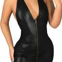WDIRARA Women's Faux Leather Backless Halter Mini Dress Zip Front Sleeveless V Neck Bodycon Dress XS